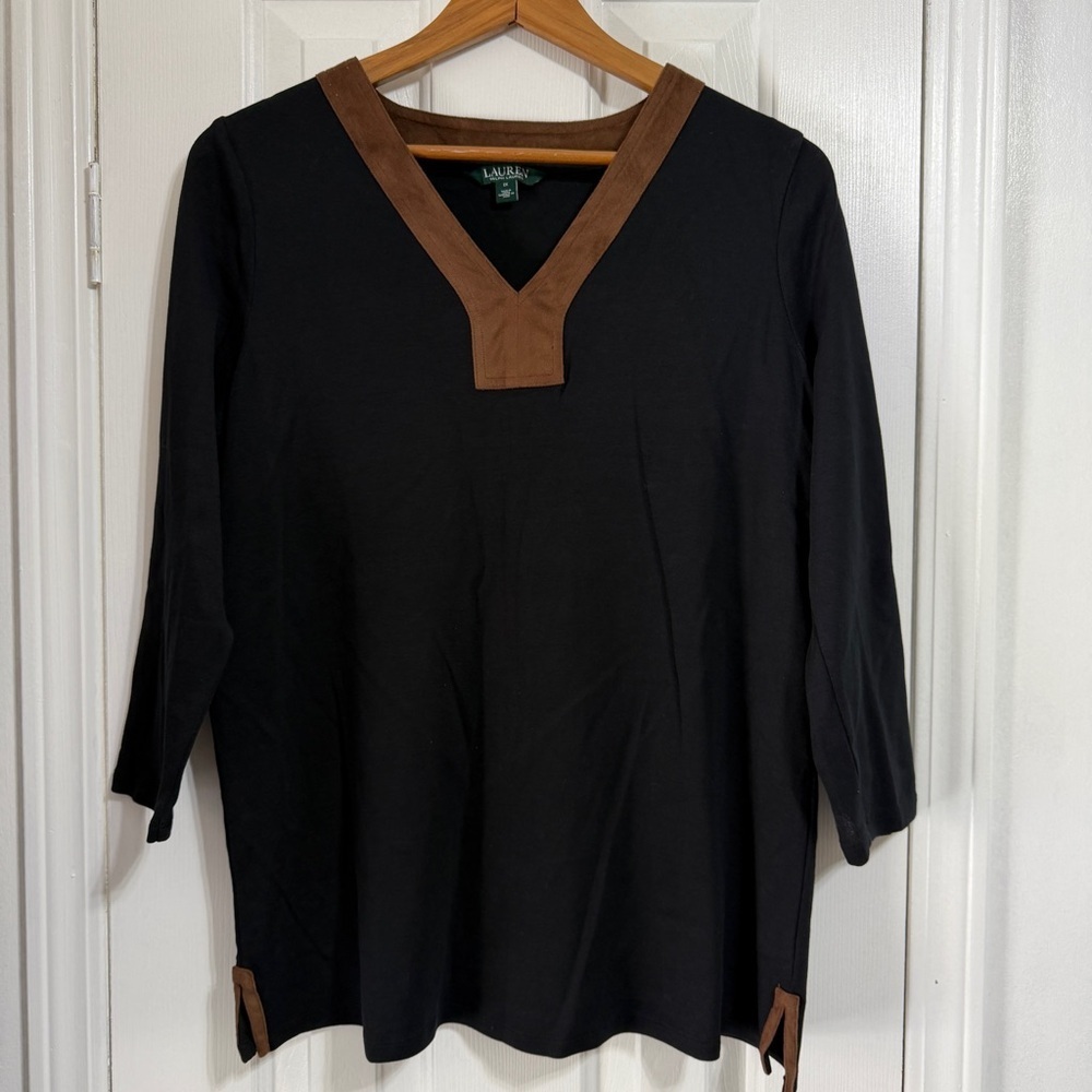 Ralph Lauren black with brown suede trim equestrian tunic top equestrian 1X